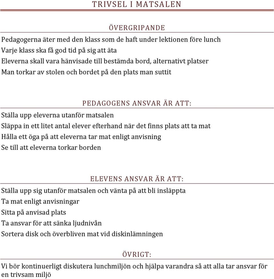 plats att ta mat Hålla ett öga på att eleverna tar mat enligt anvisning Se till att eleverna torkar borden ELEVENS ANSVAR ÄR ATT: Ställa upp sig utanför matsalen och vänta på att bli insläppta Ta mat