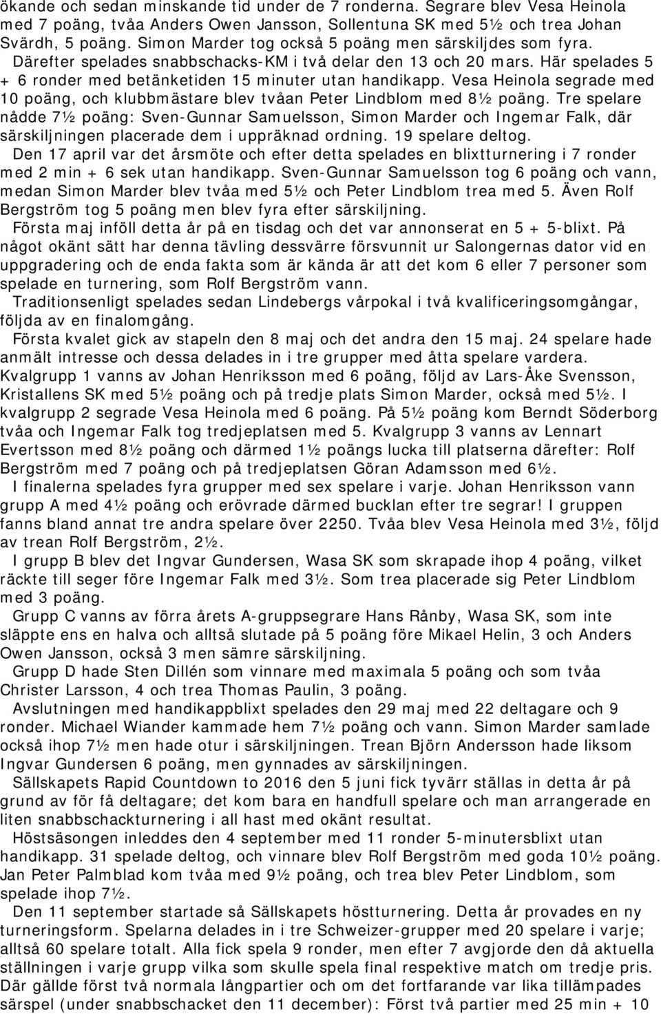 Vesa Heinola segrade med 10 poäng, och klubbmästare blev tvåan Peter Lindblom med 8½ poäng.