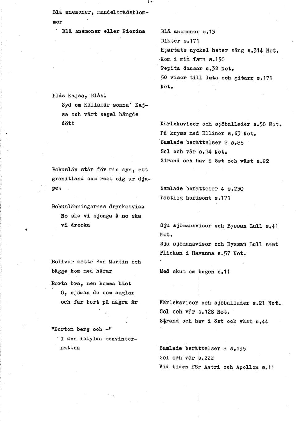 pet Bohusänningarnas dryckesvisa No ska vi sjonga A no ska vi drecka Boivar mötte San Bartin och bägge kom med harar Borta bra, men hemma bast 0, s j öman du som segar och far bort pi nagra &r