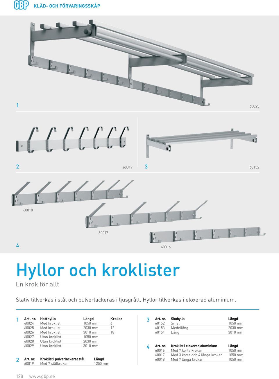 Hatthylla Längd Krokar 60024 Med kroklist 1050 mm 6 60025 Med kroklist 2030 mm 12 60026 Med kroklist 3010 mm 18 60027 Utan kroklist 1050 mm 60028 Utan kroklist 2030 mm 60029 Utan