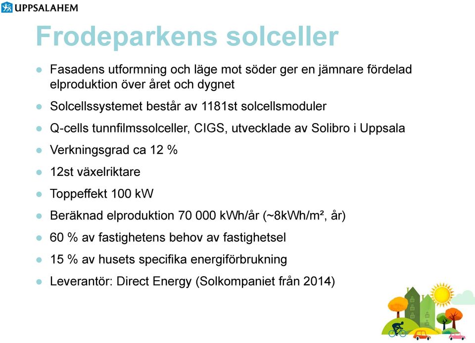 Verkningsgrad ca 12 % 12st växelriktare Toppeffekt 100 kw Beräknad elproduktion 70 000 kwh/år (~8kWh/m², år) 60 % av