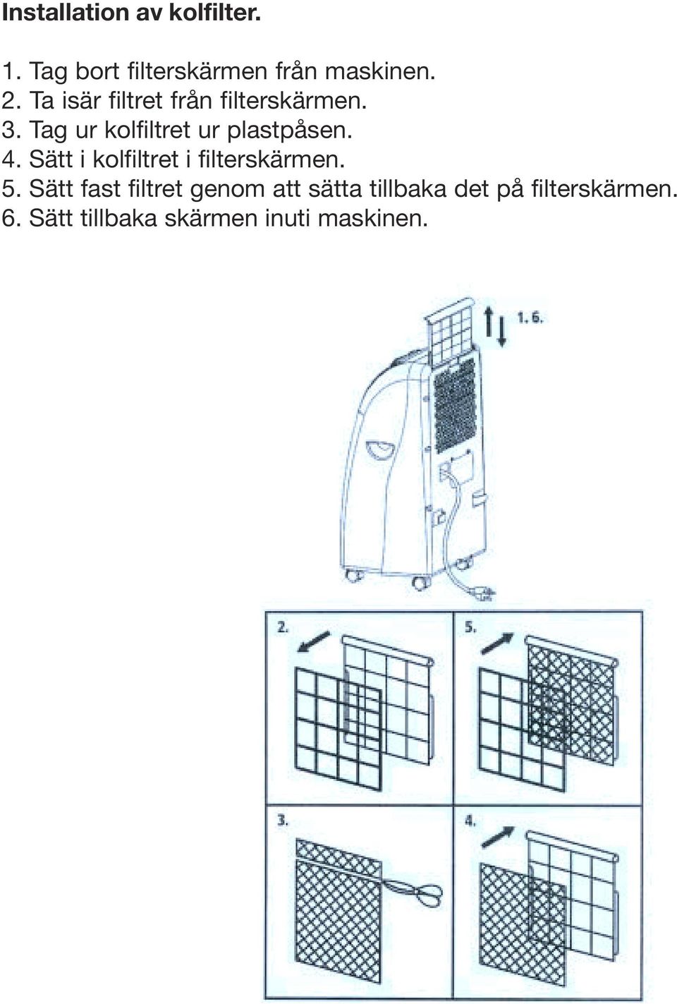 4. Sätt i kolfiltret i filterskärmen. 5.