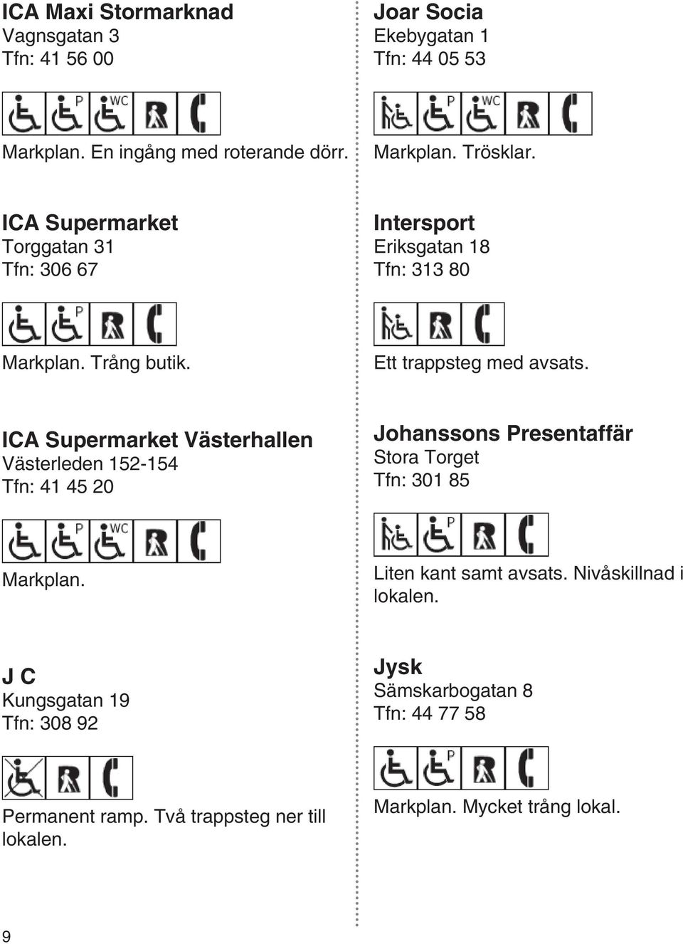ICA Supermarket Västerhallen Västerleden 152-154 Tfn: 41 45 20 Johanssons Presentaffär Stora Torget Tfn: 301 85 Markplan. Liten kant samt avsats.