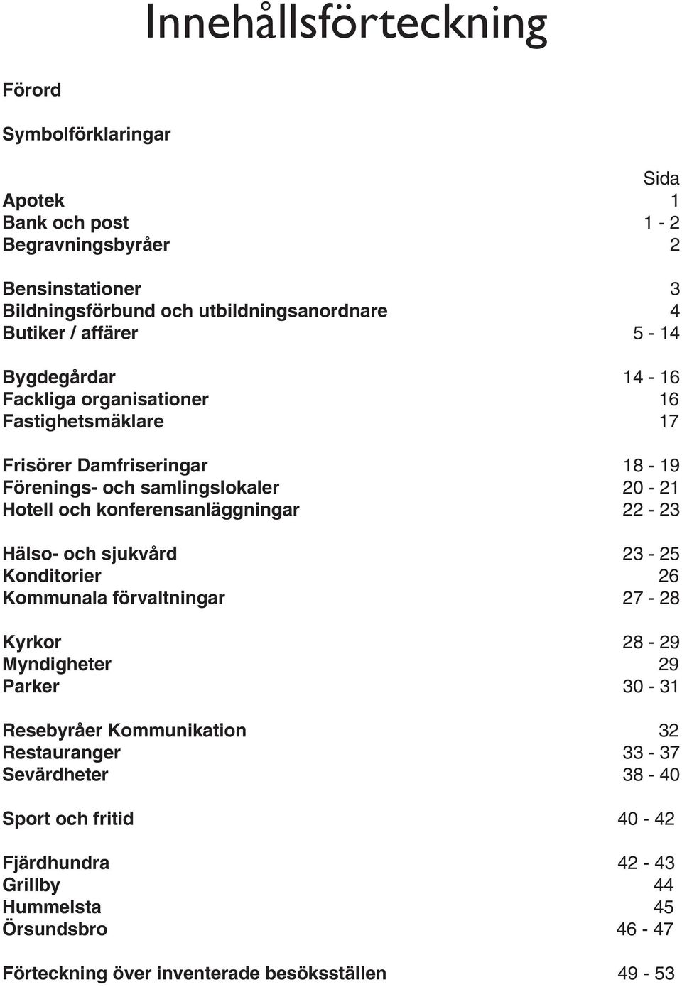 och konferensanläggningar 22-23 Hälso- och sjukvård 23-25 Konditorier 26 Kommunala förvaltningar 27-28 Kyrkor 28-29 Myndigheter 29 Parker 30-31 Resebyråer