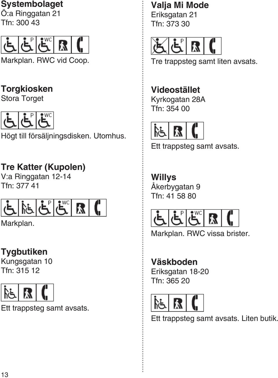 Tre Katter (Kupolen) V:a Ringgatan 12-14 Tfn: 377 41 Ett trappsteg samt avsats. Willys Åkerbygatan 9 Tfn: 41 58 80 Markplan.