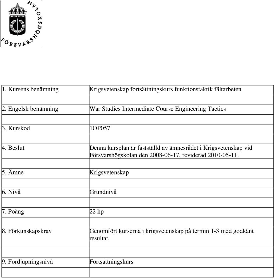 Beslut Denna kursplan är fastställd av ämnesrådet i Krigsvetenskap vid Försvarshögskolan den 2008-06-17, reviderad