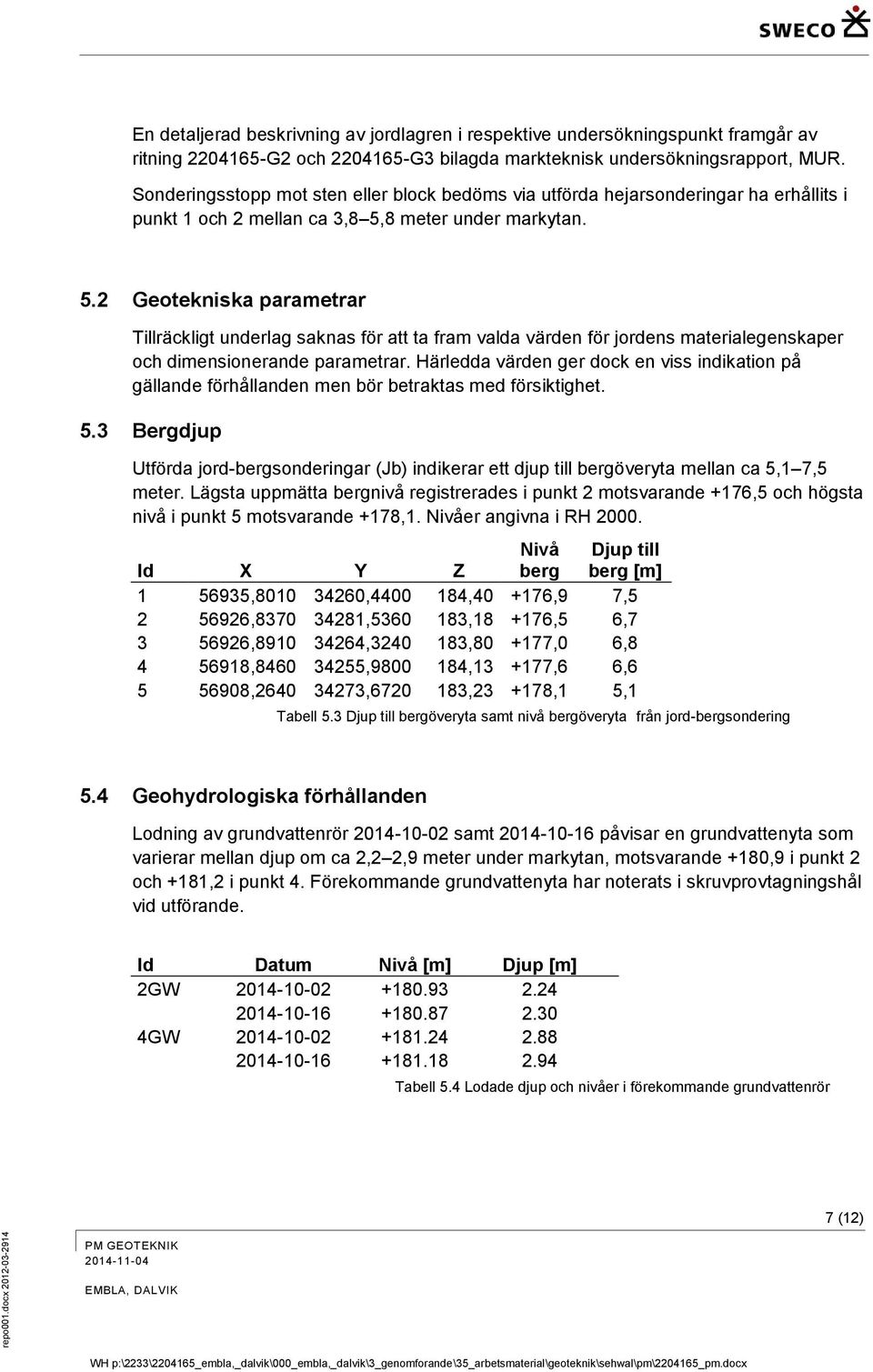 8 meter under markytan. 5.2 Geotekniska parametrar Tillräckligt underlag saknas för att ta fram valda värden för jordens materialegenskaper och dimensionerande parametrar.