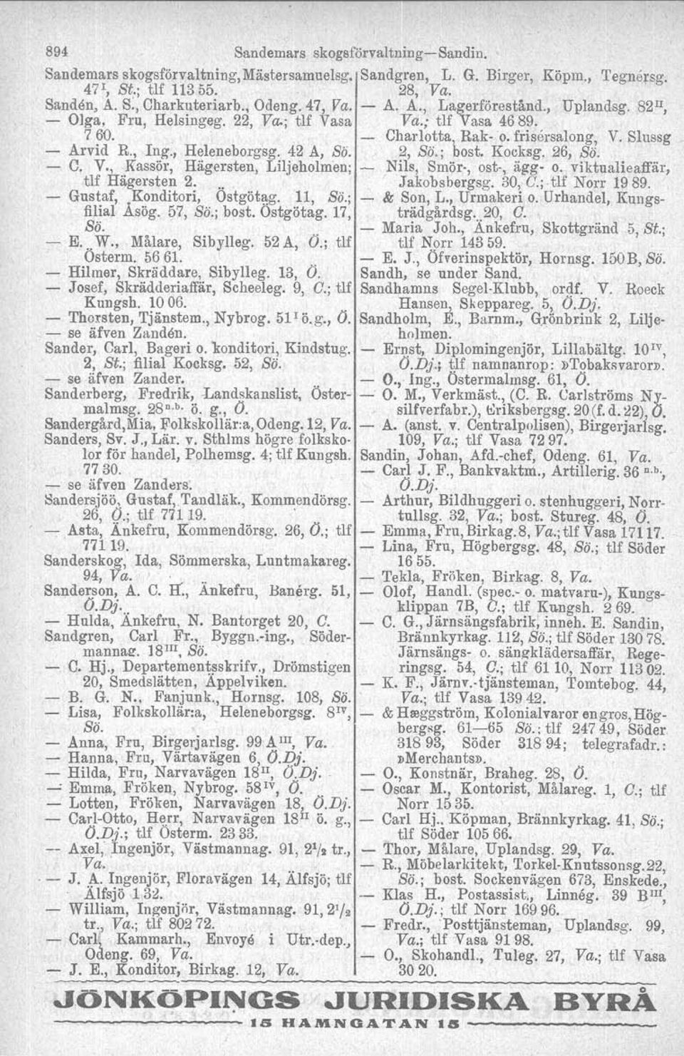 42 A, Sb. 2, Sö.; host. Kocksg. 26, Sö. C. V., Kassör, Hägersten, Liljeholmen; - Nils, Smör-, ost-, ägg- o. viktualieaffär, tlf Hägersten 2... Jakobsbergsg. 30, C.;.tlf Norr 1989.