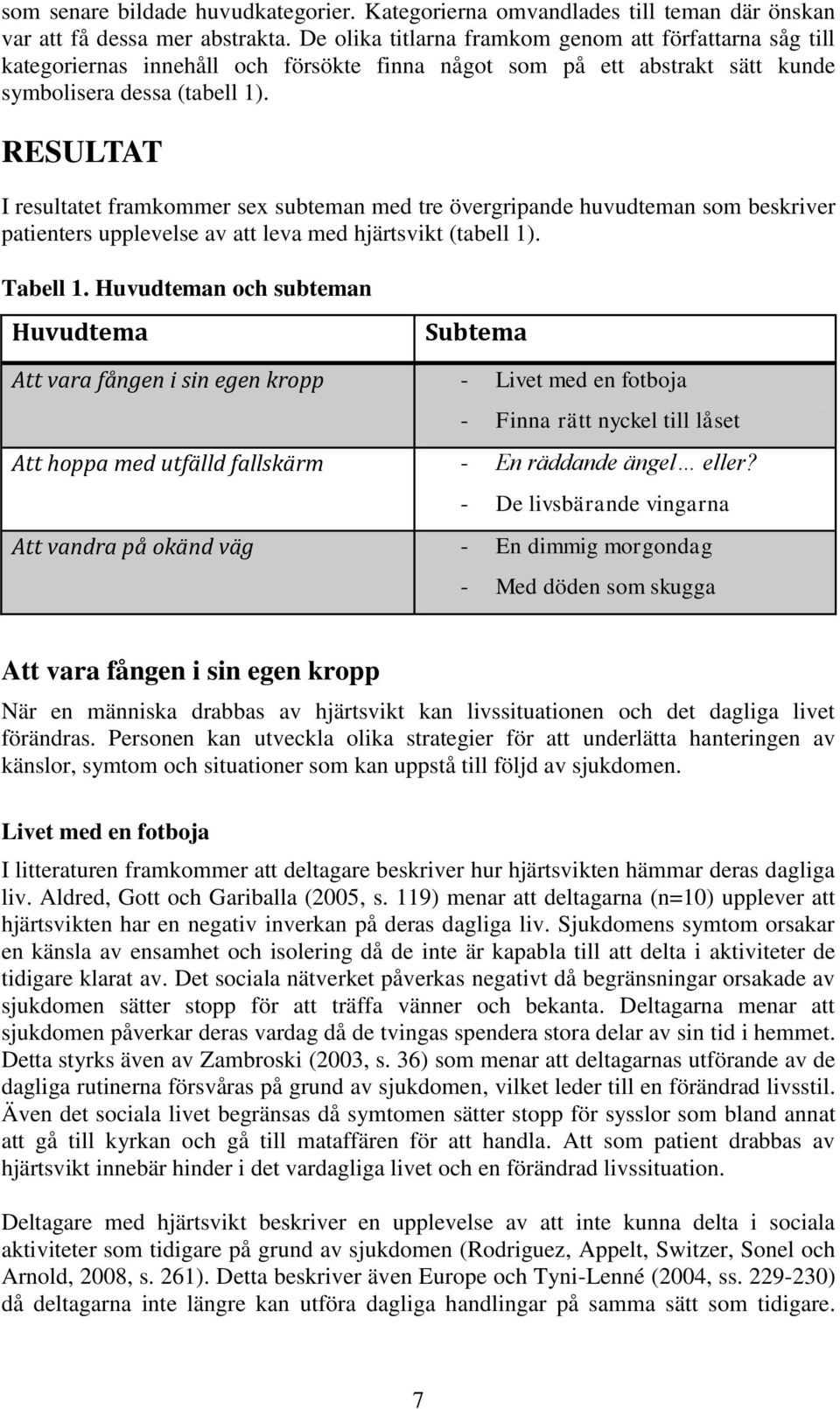 RESULTAT I resultatet framkommer sex subteman med tre övergripande huvudteman som beskriver patienters upplevelse av att leva med hjärtsvikt (tabell 1). Tabell 1.