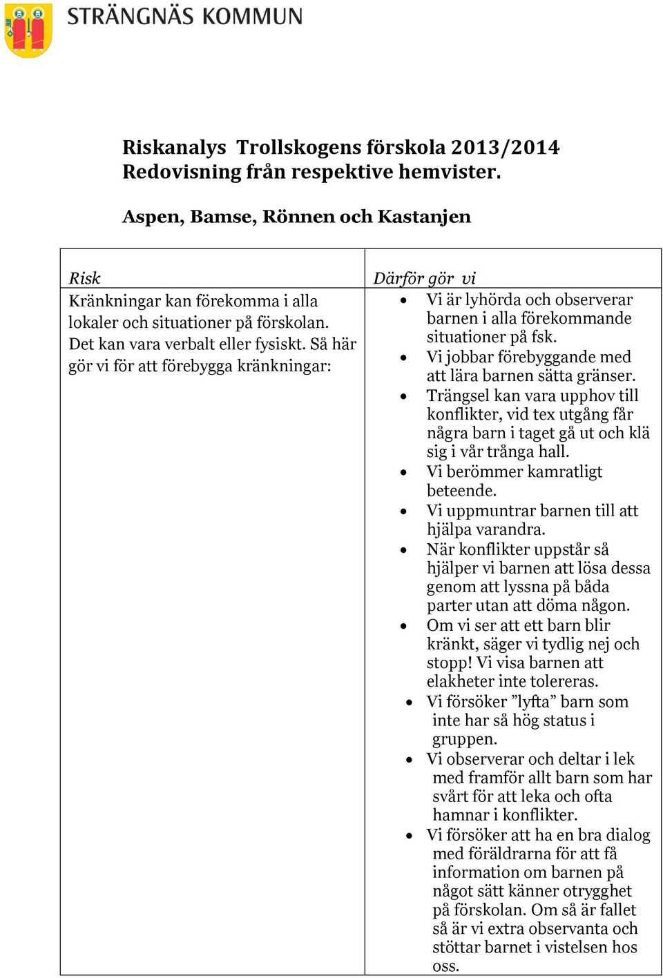 Vi jobbar förebyggande med att lära barnen sätta gränser. Trängsel kan vara upphov till konflikter, vid tex utgång får några barn i taget gå ut och klä sig i vår trånga hall.