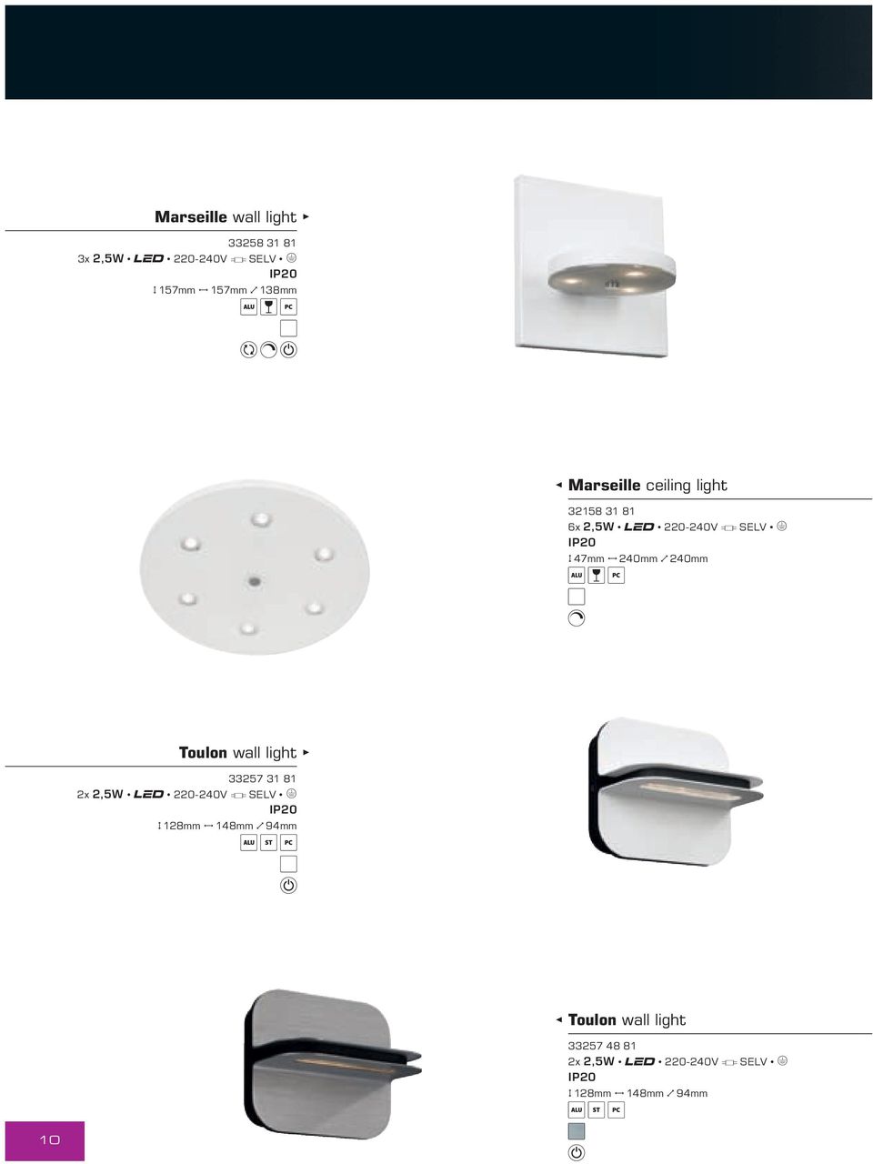 240mm N 240mm Toulon wall light 33257 31 81 2x 2,5W 220-240V SELV E H 128mm J