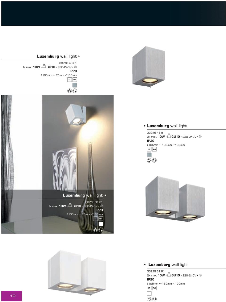 10W GU10 220-240V E H 105mm J 180mm N 100mm Luxemburg wall light 33218 31 81 1x max.