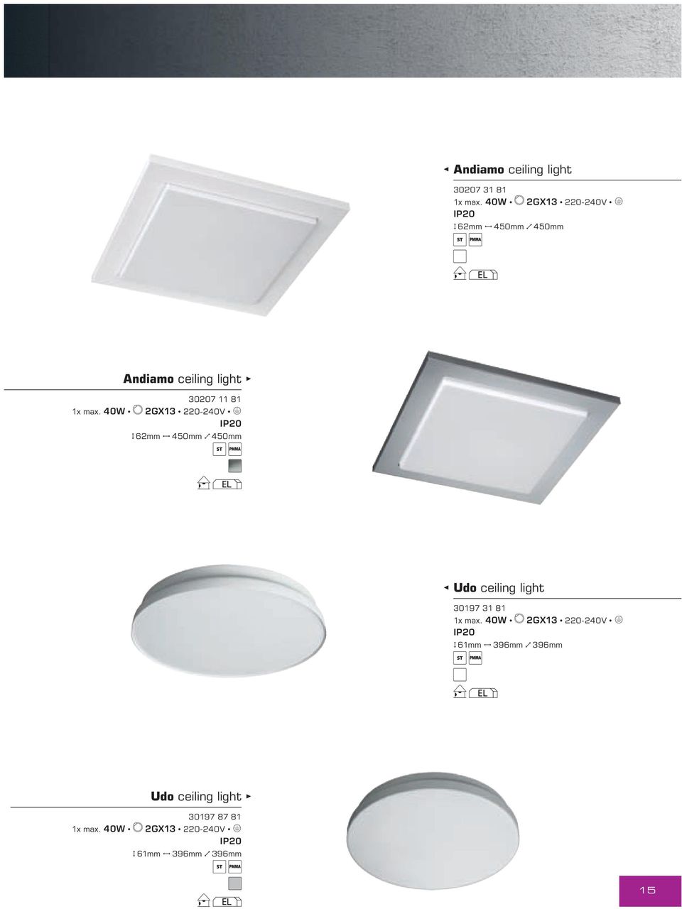 40W 2GX13 220-240V E H 62mm J 450mm N 450mm EL Udo ceiling light 30197 31 81 1x max.
