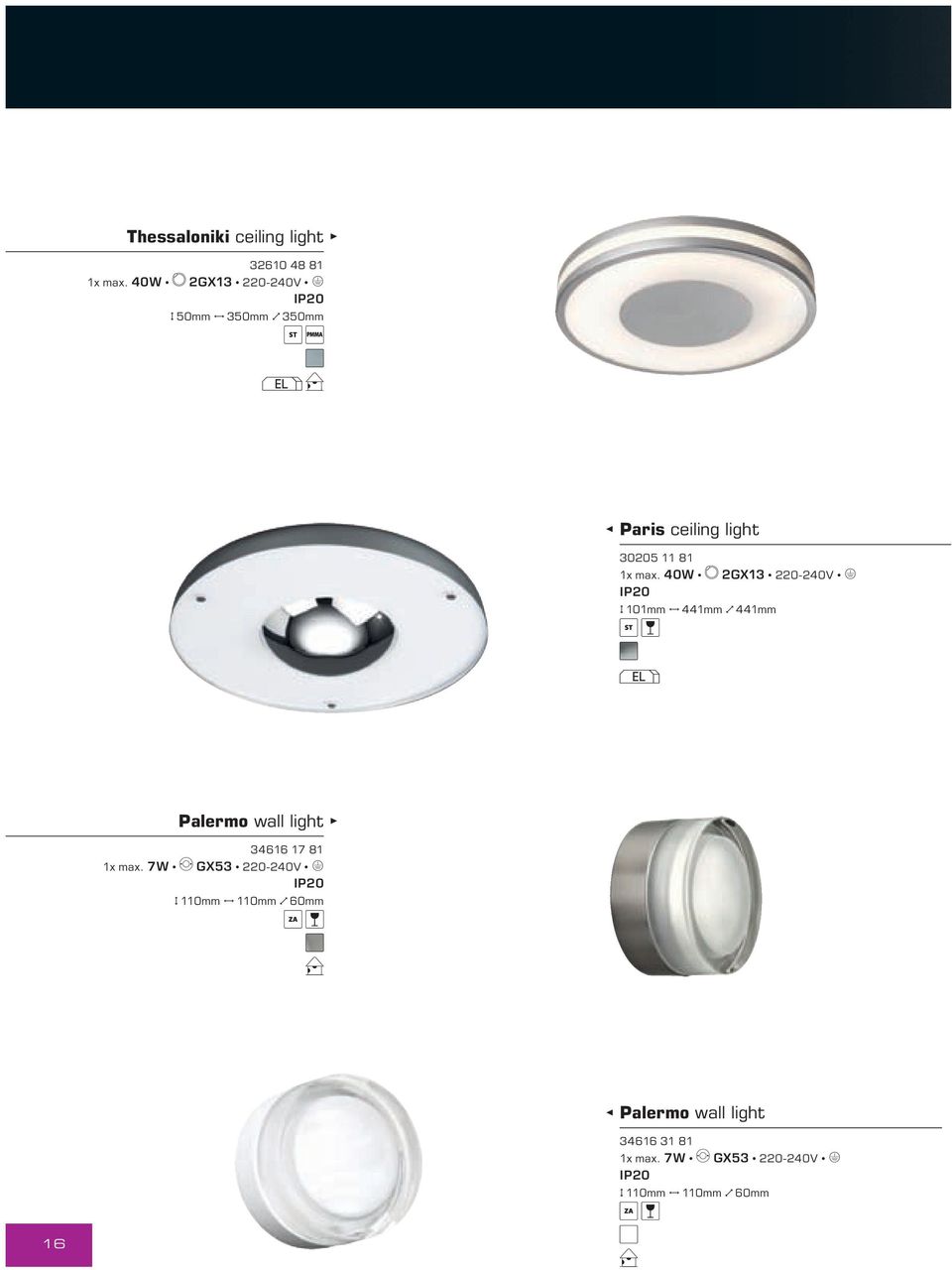 40W 2GX13 220-240V E H 101mm J 441mm N 441mm EL Palermo wall light 34616 17 81 1x max.