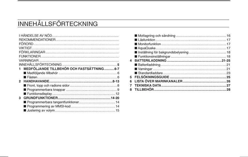 ..14-20 Programmerbara tangentfunktioner...14 Programmering av MMSI-kod...14 Justering av volym...15 Mottagning och sändning...16 Låsfunktion...17 Monitorfunktion...17 AquaQuake.
