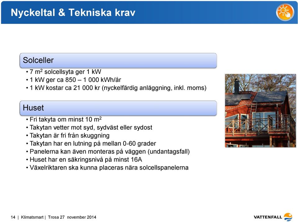 moms) Huset Fri takyta om minst 10 m 2 Takytan vetter mot syd, sydväst eller sydost Takytan är fri från skuggning Takytan