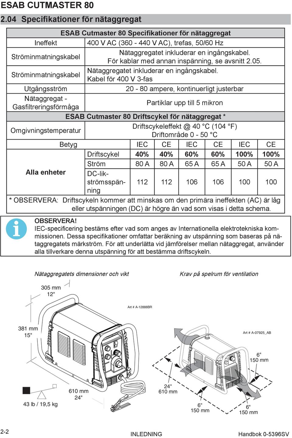 Kabel för 400 V 3-fas Utgångsström 0-80 ampere, kontinuerligt justerbar Nätaggregat - Gasfiltreringsförmåga Partiklar upp till 5 mikron ESAB Cutmaster 80 Driftscykel för nätaggregat *