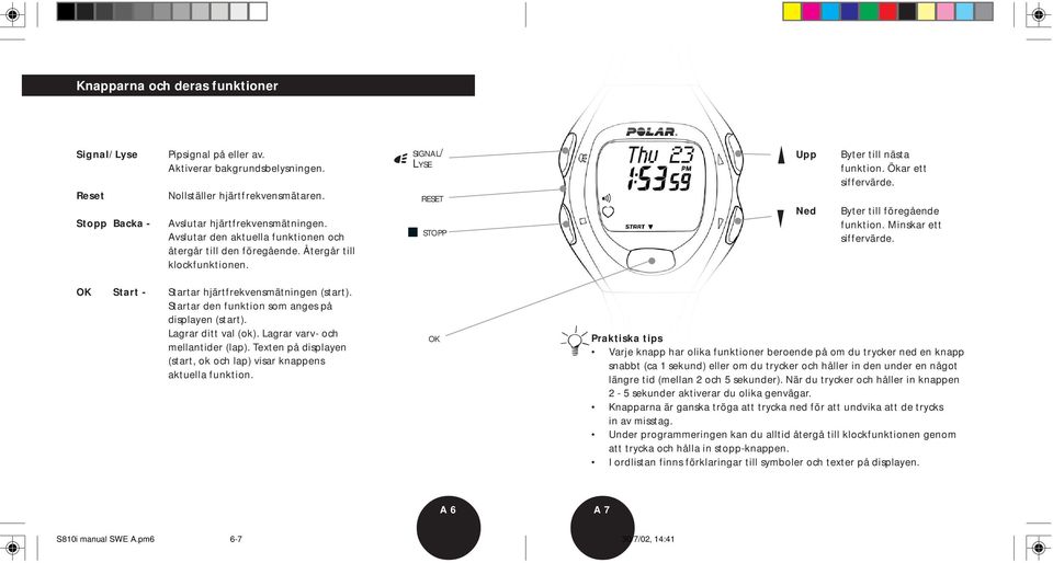 Byter till föregående funktion. Minskar ett siffervärde. OK Start - Startar hjärtfrekvensmätningen (start). Startar den funktion som anges på displayen (start). Lagrar ditt val (ok).