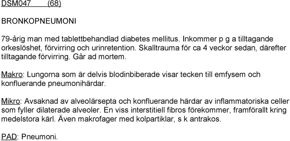 Makro: Lungorna som är delvis blodinbiberade visar tecken till emfysem och konfluerande pneumonihärdar.