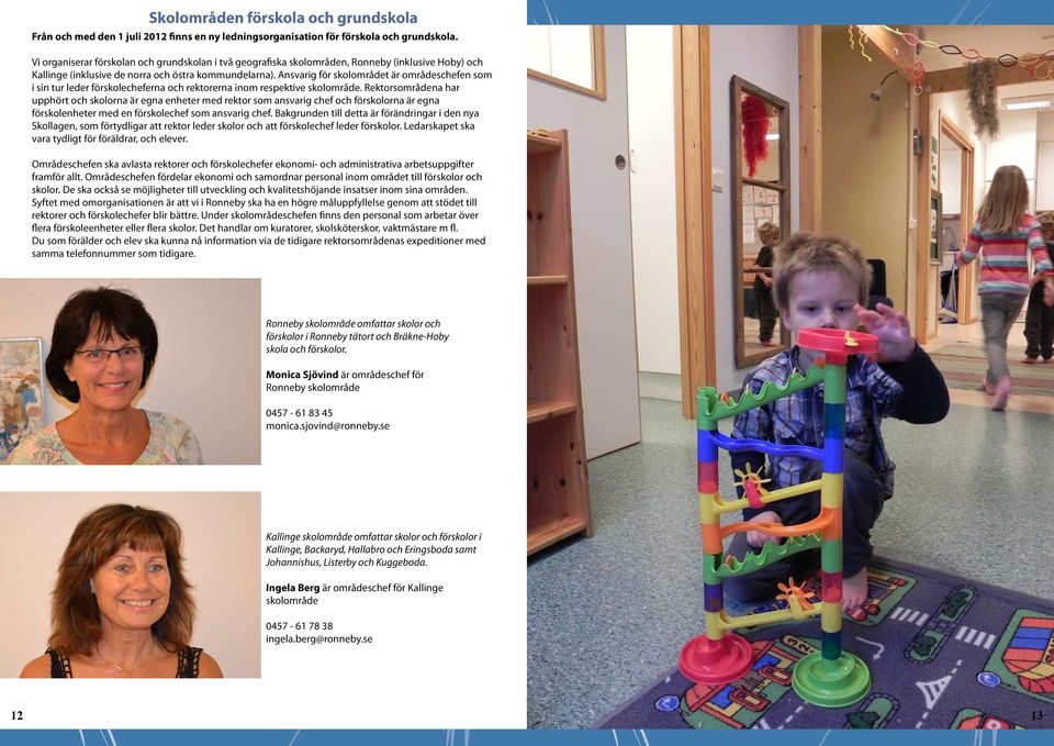 Ansvarig för skolområdet är områdeschefen som i sin tur leder förskolecheferna och rektorerna inom respektive skolområde.