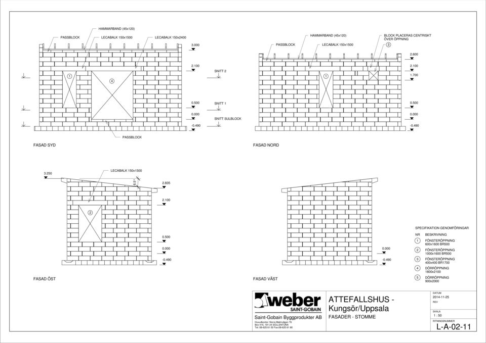 490 PASSBLOCK FASAD SYD FASAD NORD 3.250 LECABALK 50x500 6.5 2.835 2.00 2 SPECIFIKATION GENOMFÖRINGAR 0.500 0.000 0.