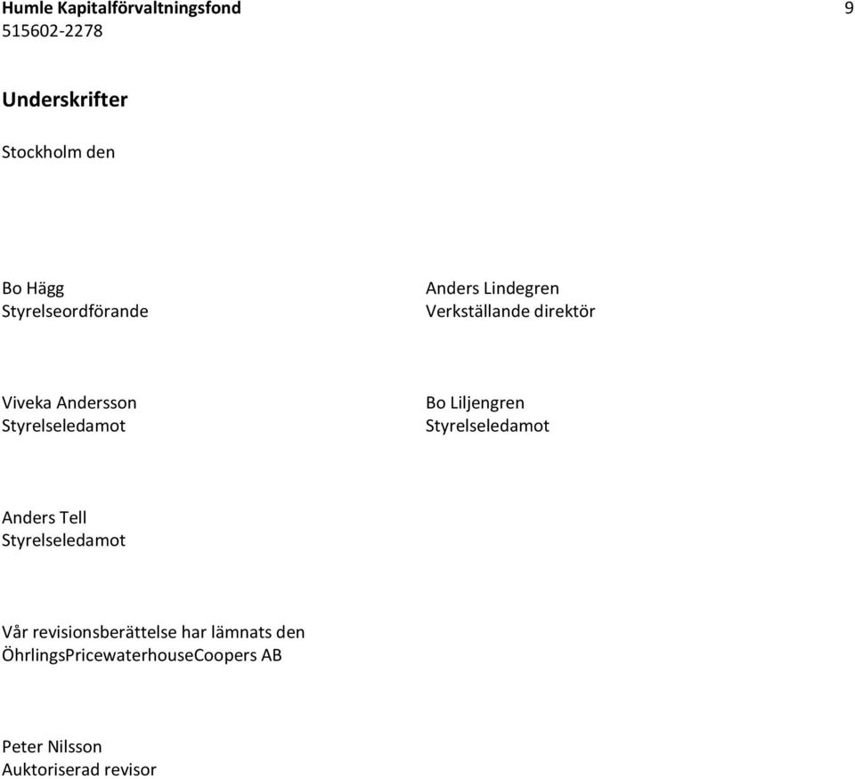 Styrelseledamot Bo Liljengren Styrelseledamot Anders Tell Styrelseledamot Vår
