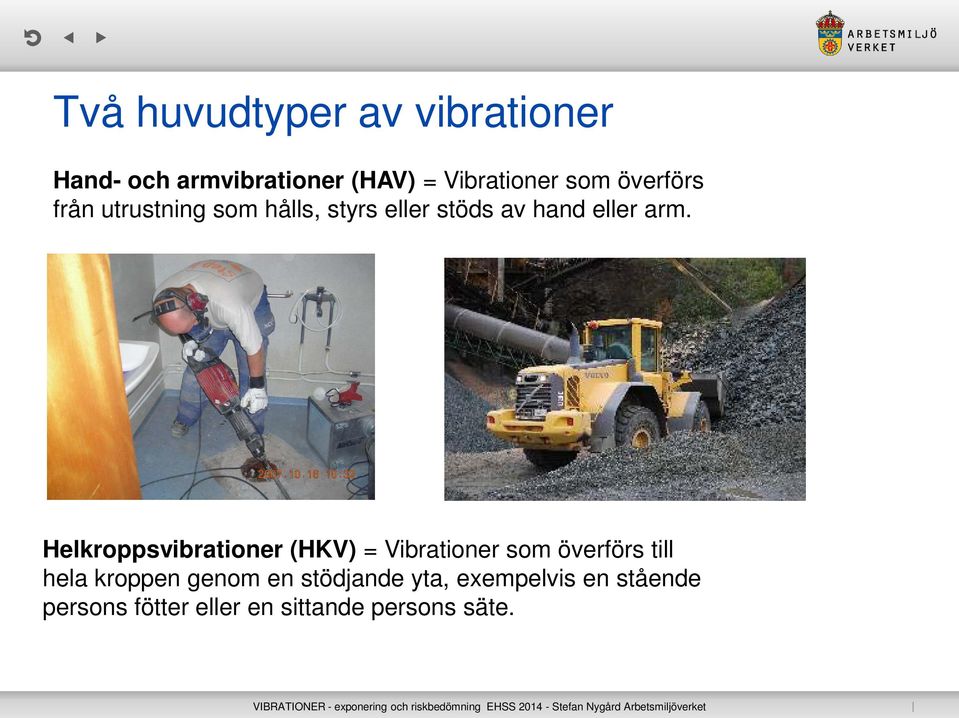 Helkroppsvibrationer (HKV) = Vibrationer som överförs till hela kroppen genom