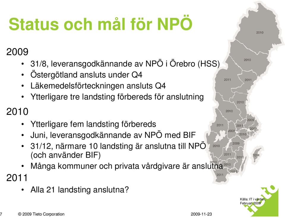 förbereds Juni, leveransgodkännande av NPÖ med BIF 31/12, närmare 10 landsting är anslutna till NPÖ (och använder BIF)