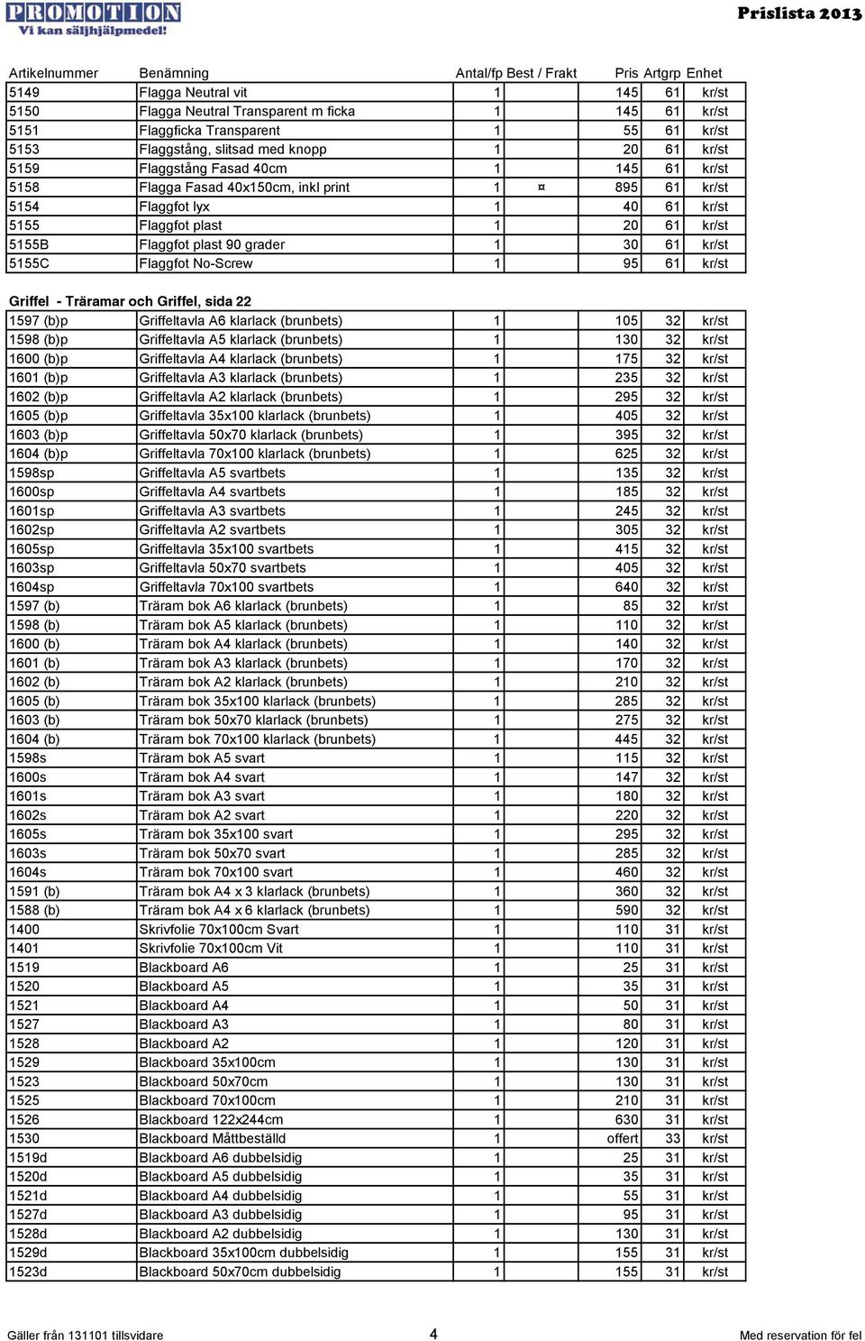 kr/st 5155C Flaggfot No-Screw 1 95 61 kr/st Griffel - Träramar och Griffel, sida 22 1597 (b)p Griffeltavla A6 klarlack (brunbets) 1 105 32 kr/st 1598 (b)p Griffeltavla A5 klarlack (brunbets) 1 130 32