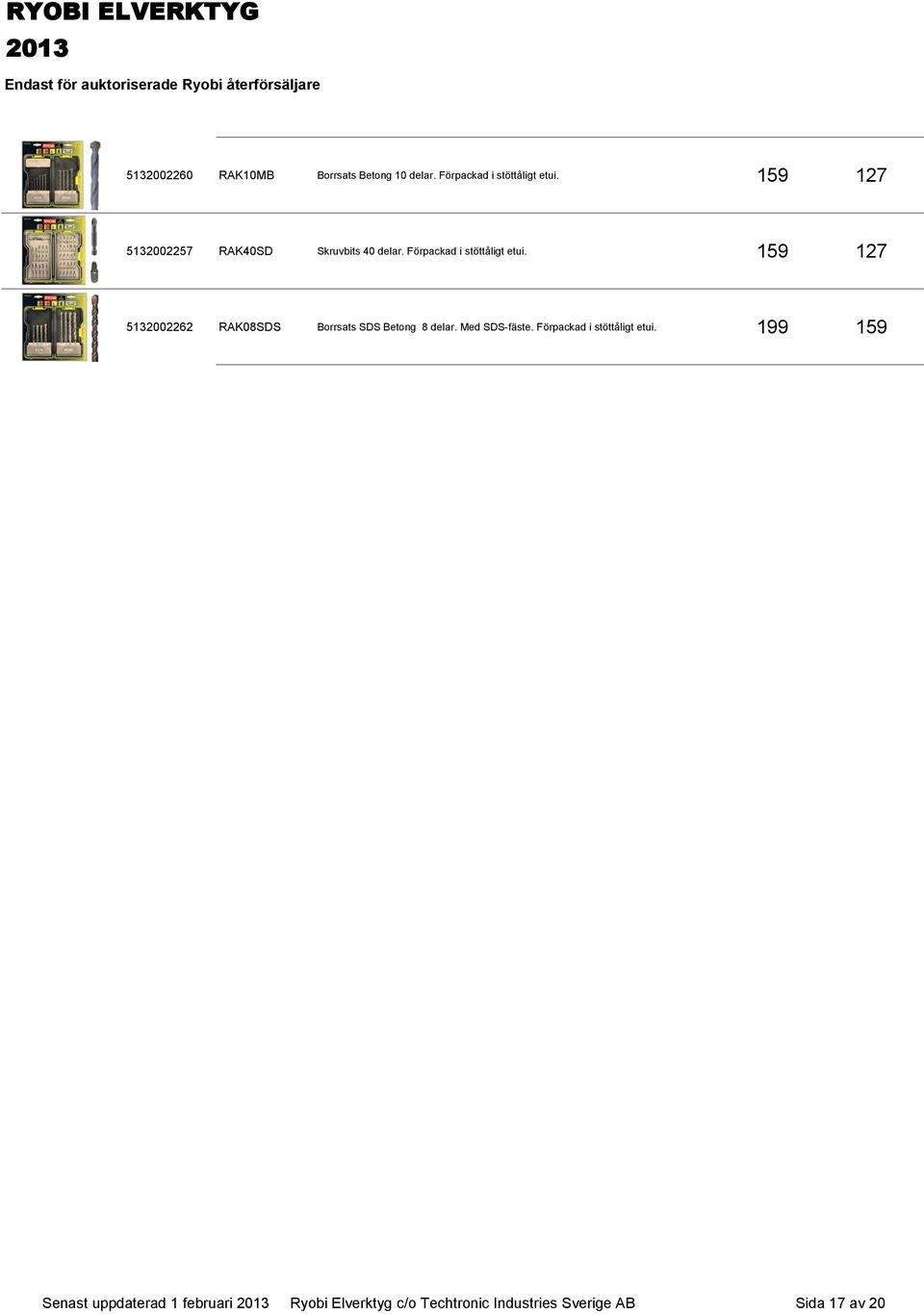 159 127 5132002262 RAK08SDS Borrsats SDS Betong 8 delar. Med SDS-fäste.