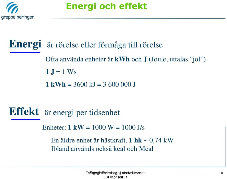 energi per tidsenhet Enheter: 1 kw = 1000 W = 1000 J/s En äldre enhet är hästkraft, 1