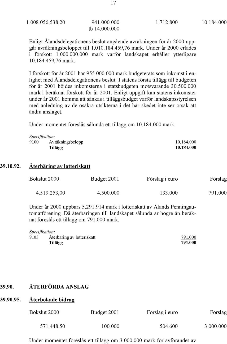 I statens första tillägg till budgeten för år 2001 höjdes inkomsterna i statsbudgeten motsvarande 30.500.000 mark i beräknat förskott för år 2001.