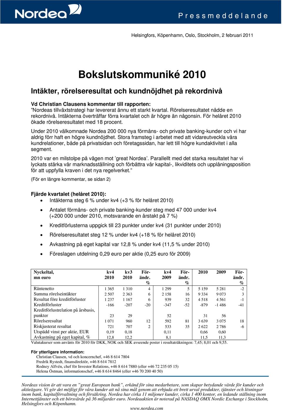 För helåret ökade rörelseresultatet med 18 procent. Under välkomnade Nordea 200 000 nya förmåns- och private banking-kunder och vi har aldrig förr haft en högre kundnöjdhet.