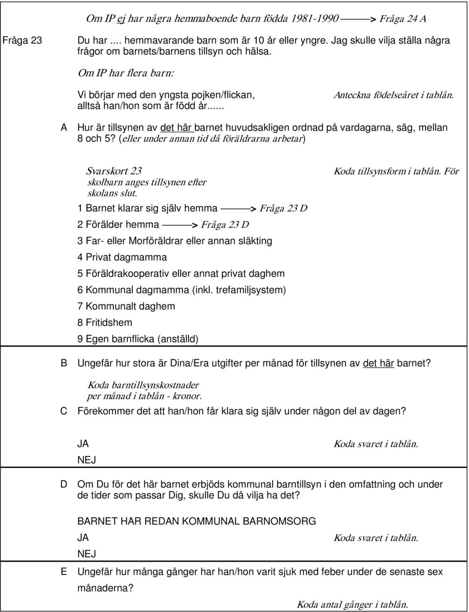 .. A Hur är tillsynen av det här barnet huvudsakligen ordnad på vardagarna, säg, mellan 8 och 5? ( eller under annan tid då föräldrarna arbetar ) Svarskort 23 Koda tillsynsform i tablån.