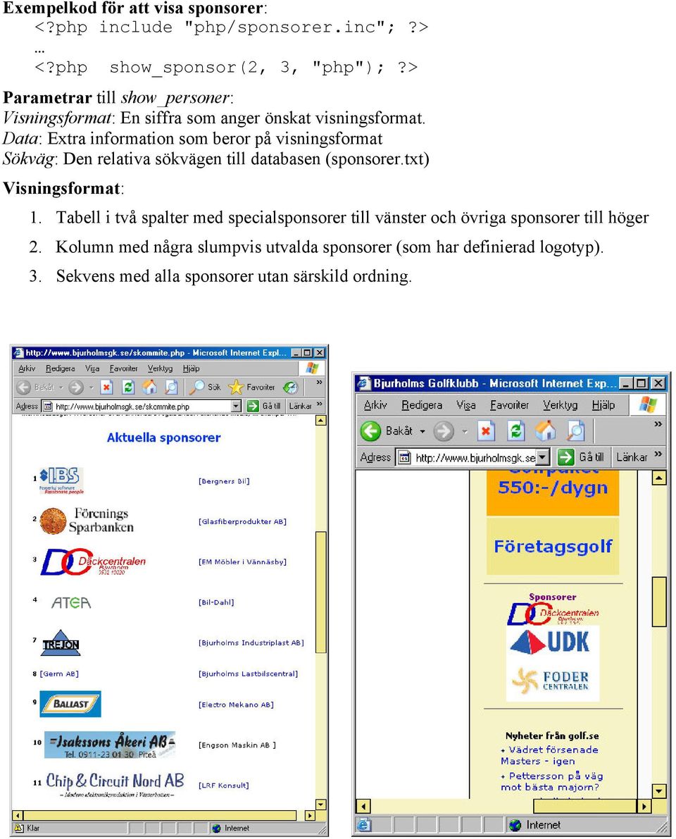 Data: Extra information som beror på visningsformat Sökväg: Den relativa sökvägen till databasen (sponsorer.txt) Visningsformat: 1.