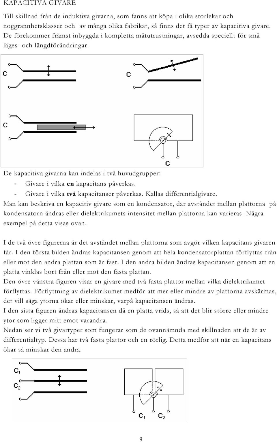 De kapacitiva givarna kan indelas i två huvudgrupper: - Givare i vilka en kapacitans påverkas. - Givare i vilka två kapacitanser påverkas. Kallas differentialgivare.