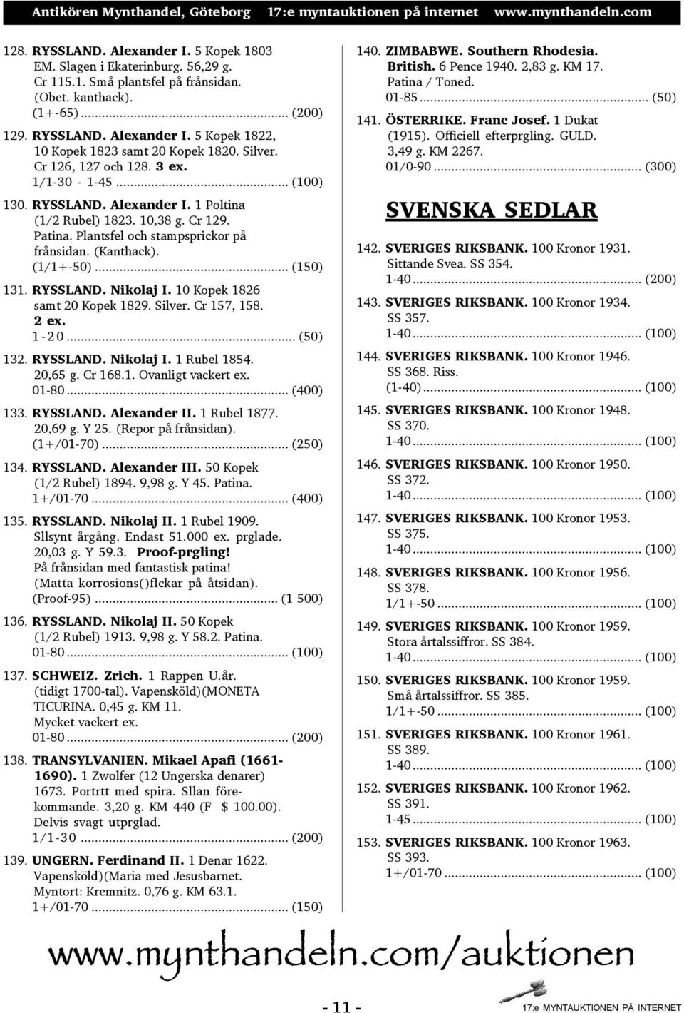 (1/1+-50)... (150) 131. RYSSLAND. Nikolaj I. 10 Kopek 1826 samt 20 Kopek 1829. Silver. Cr 157, 158. 2 ex. 1-20... (50) 132. RYSSLAND. Nikolaj I. 1 Rubel 1854. 20,65 g. Cr 168.1. Ovanligt vackert ex.