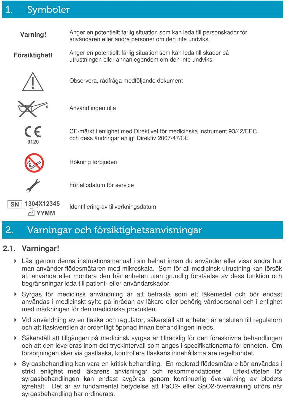 enlighet med Direktivet för medicinska instrument 93/42/EEC och dess ändringar enligt Direktiv 2007/47/CE Rökning förbjuden Förfallodatum för service 1304X12345 YYMM Identifiering av