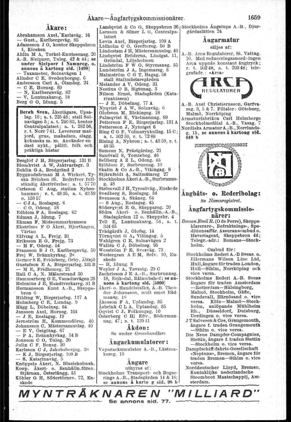 5 Bereh Sven, Åkeriägare, Upsalag. 18; a. t. 2254,3; staji Solnavägen 5; a. t. 24,083, kontor Centralpalatset ; a. t. 28256, r. t. Norr 741. Levererar matjord, grus, makadam, slagg, koksaska m. m. Använder en dast nykt.