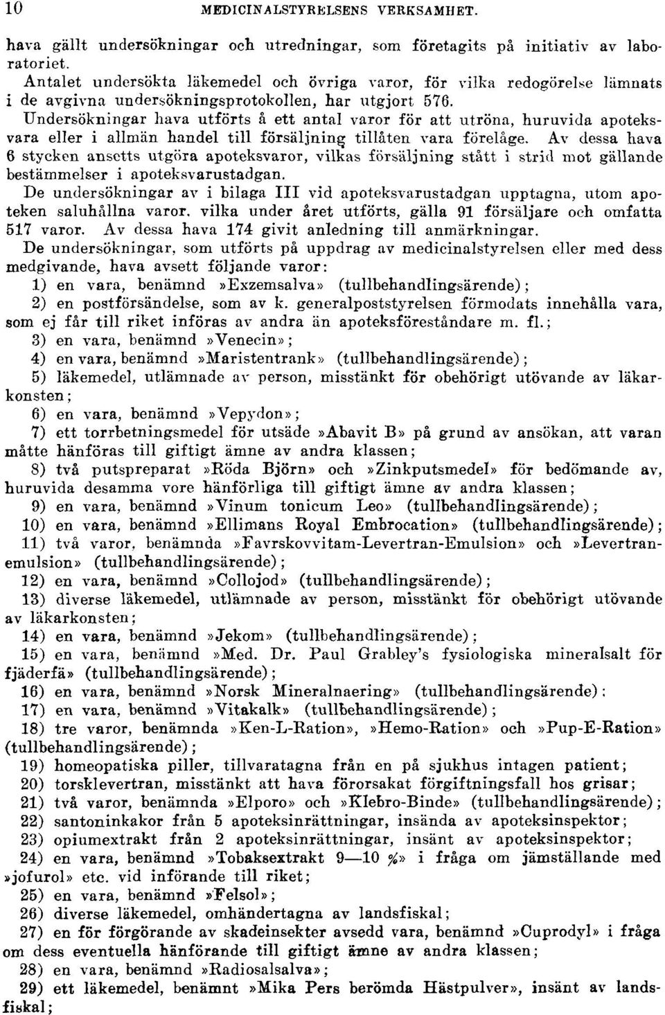 Undersökningar hava utförts å ett antal varor för att utröna, huruvida apoteksvara eller i allmän handel till försäljning tillåten vara förelåge.
