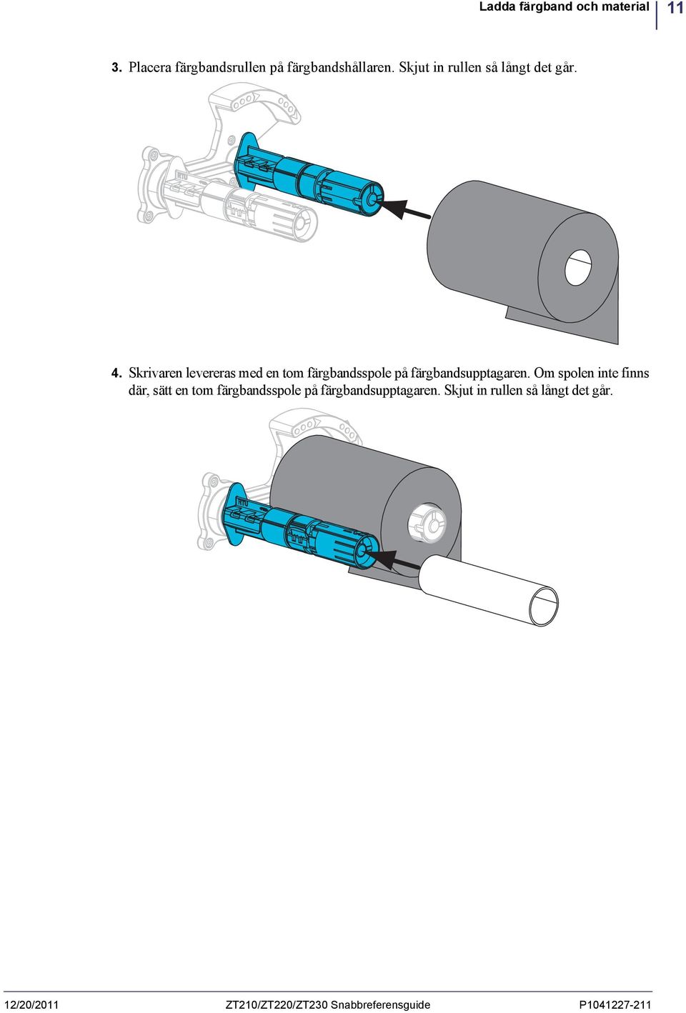 Skrivaren levereras med en tom färgbandsspole på färgbandsupptagaren.