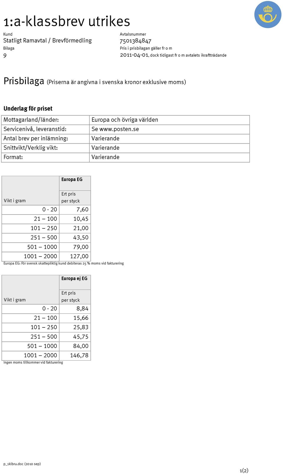 se Varierande Varierande Varierande Europa EG Vikt i gram per styck 0-20 7,60 21 100 10,45 101 250 21,00 251 500 43,50 501 1000 79,00 1001 2000 127,00 Europa EG: För svensk