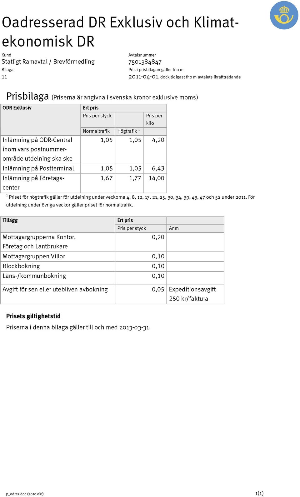 1,77 14,00 1 Priset för högtrafik gäller för utdelning under veckorna 4, 8, 12, 17, 21, 25, 30, 34, 39, 43, 47 och 52 under 2011. För utdelning under övriga veckor gäller priset för normaltrafik.