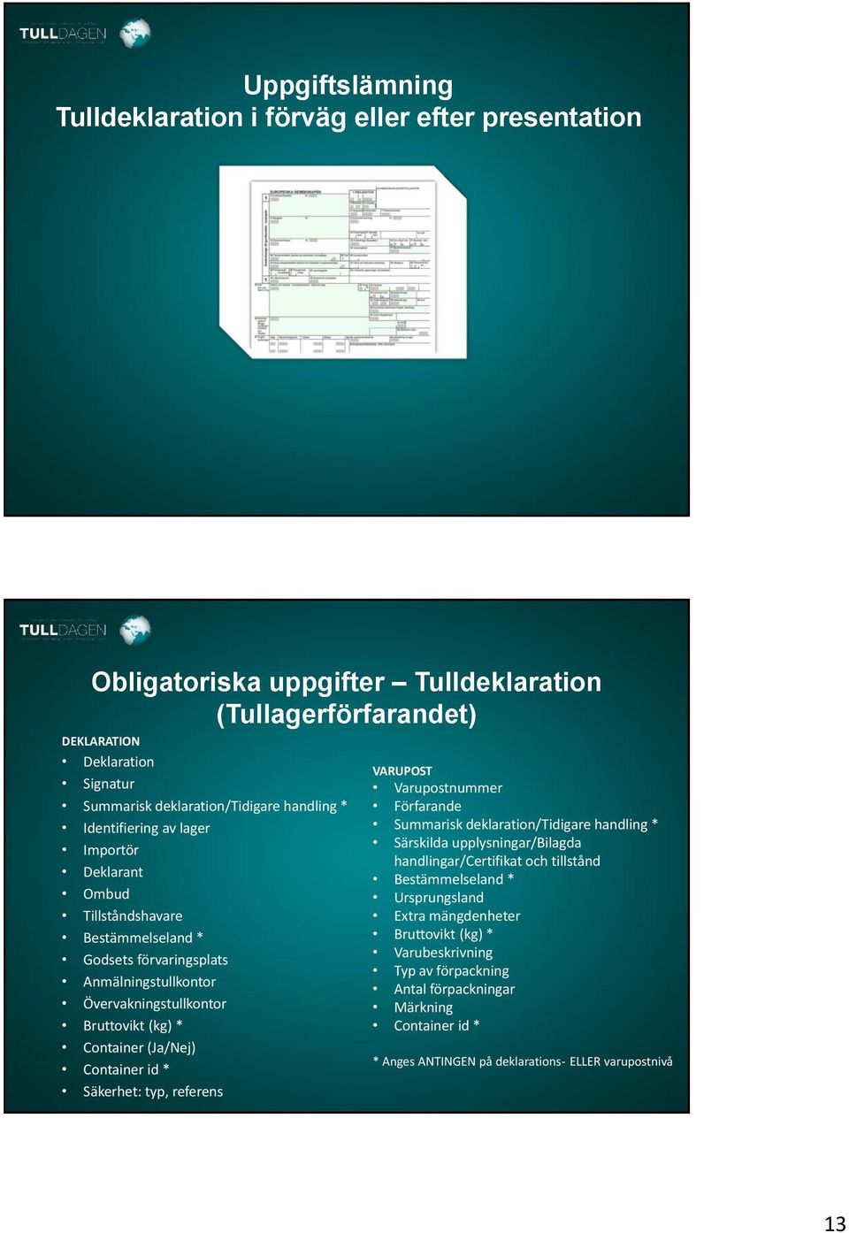 (Ja/Nej) Container id * Säkerhet: typ, referens VARUPOST Varupostnummer Förfarande Summarisk deklaration/tidigare handling * Särskilda upplysningar/bilagda handlingar/certifikat och tillstånd