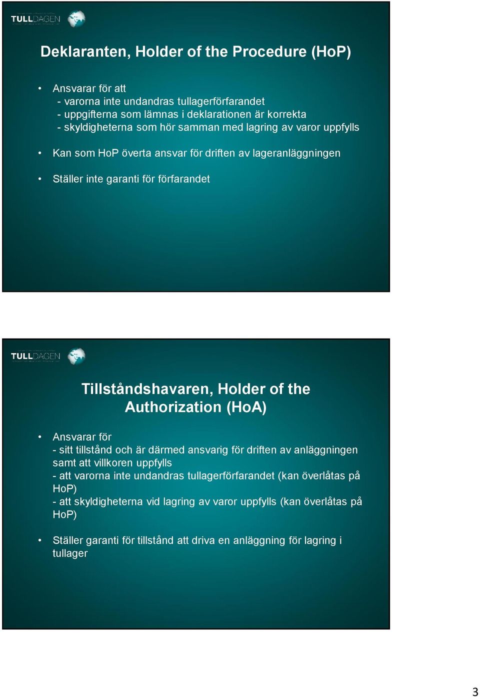 Authorization (HoA) Ansvarar för - sitt tillstånd och är därmed ansvarig för driften av anläggningen samt att villkoren uppfylls - att varorna inte undandras