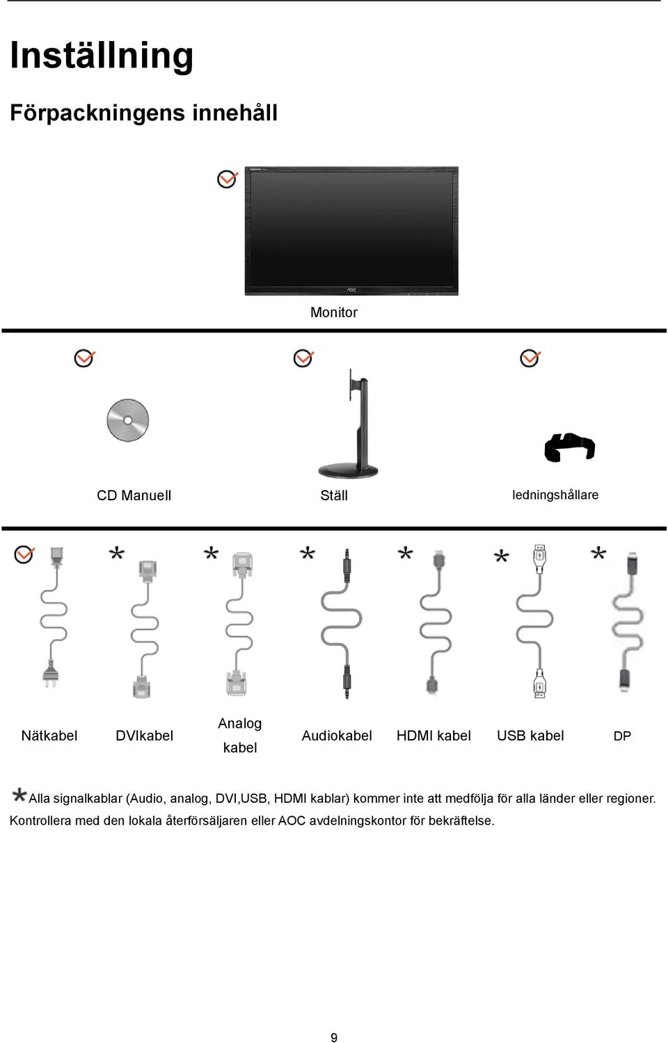 analog, DVI,USB, HDMI kablar) kommer inte att medfölja för alla länder eller regioner.