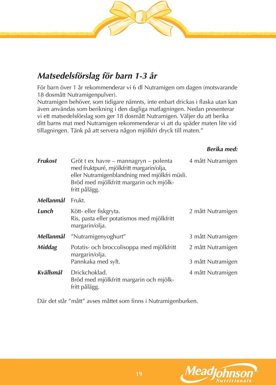 Nedan presenterar vi ett matsedelsförslag som ger 18 dosmått Nutramigen. Väljer du att berika ditt barns mat med Nutramigen rekommenderar vi att du späder maten lite vid tillagningen.