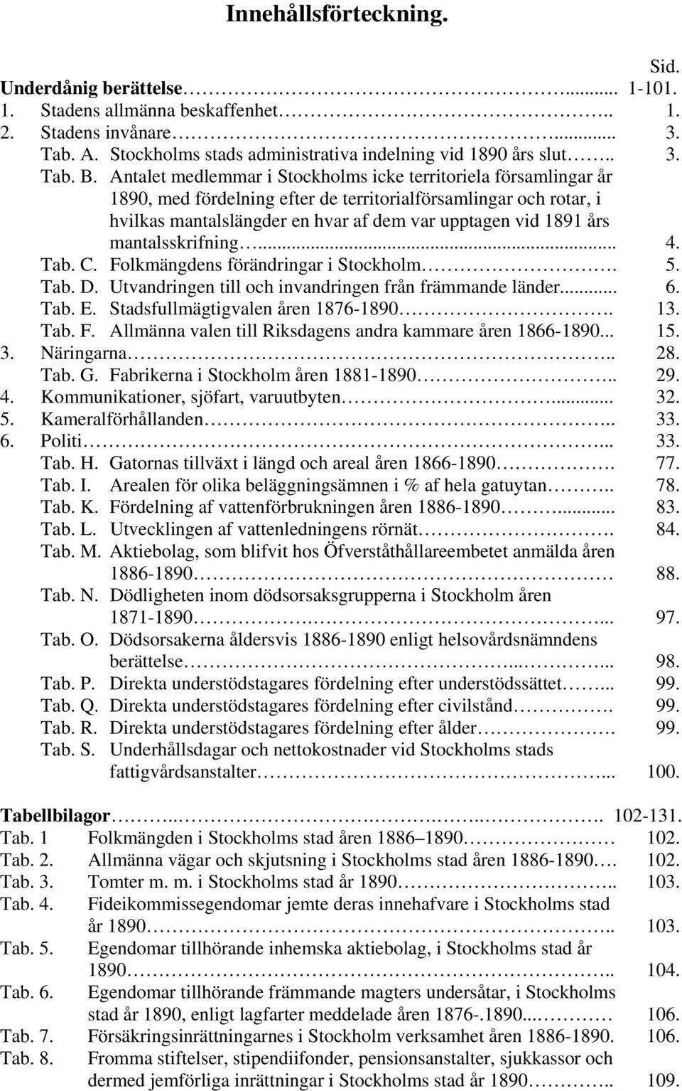 mantalsskrifning... 4. Tab. C. Folkmängdens förändringar i Stockholm. 5. Tab. D. Utvandringen till och invandringen från främmande länder... 6. Tab. E. Stadsfullmägtigvalen åren 1876-1890. 13. Tab. F. Allmänna valen till Riksdagens andra kammare åren 1866-1890.