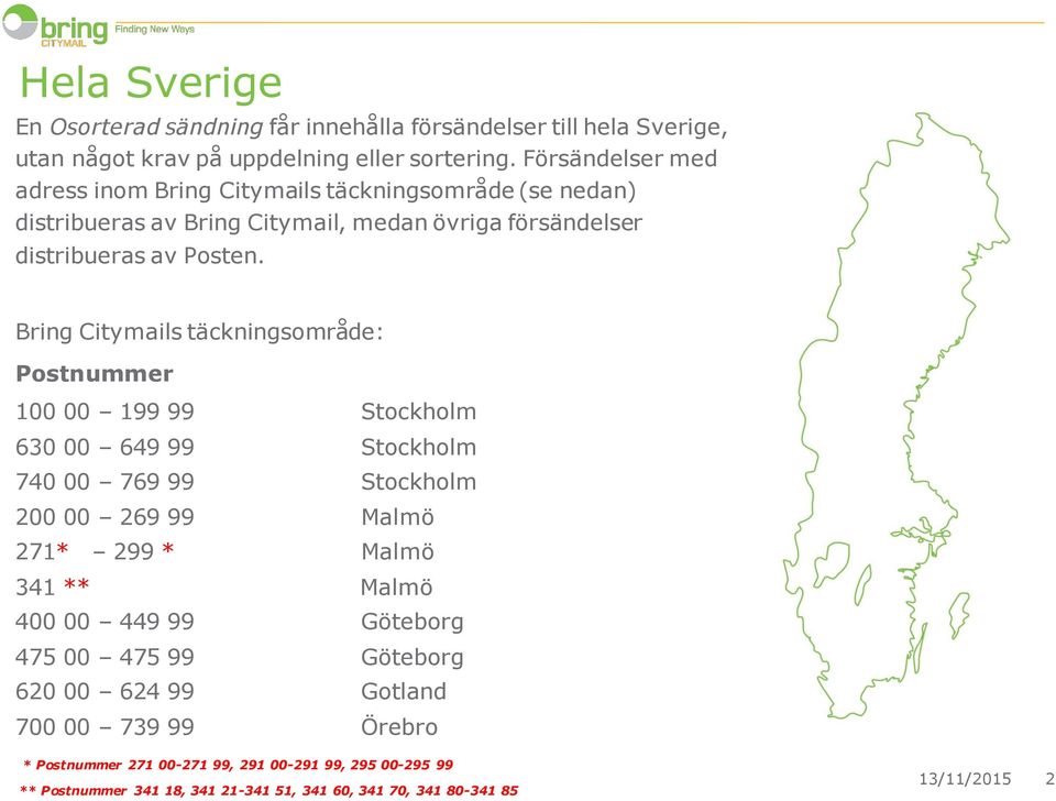 Bring Citymails täckningsområde: Postnummer 100 00 199 99 Stockholm 630 00 649 99 Stockholm 740 00 769 99 Stockholm 200 00 269 99 Malmö 271* 299 * Malmö 341 ** Malmö