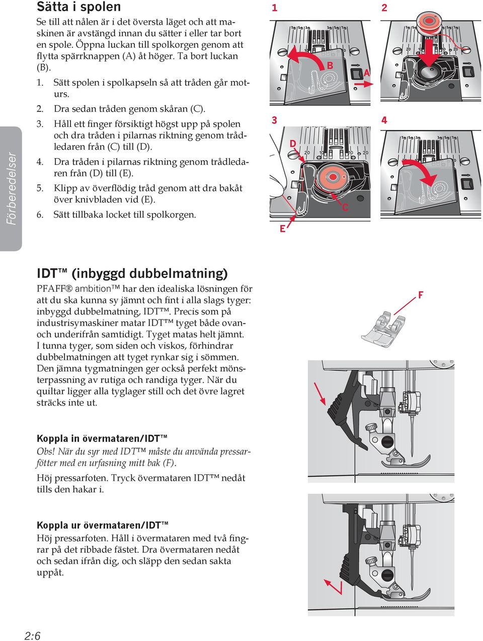 Håll ett finger försiktigt högst upp på spolen och dra tråden i pilarnas riktning genom trådledaren från (C) till (D). 4. Dra tråden i pilarnas riktning genom trådledaren från (D) till (E). 5.